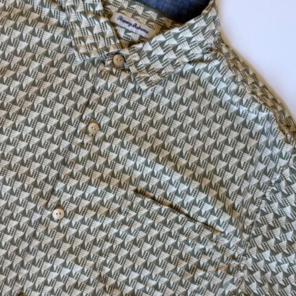 Tommy Bahama olive green & white geometric pattern silk button-up shirt